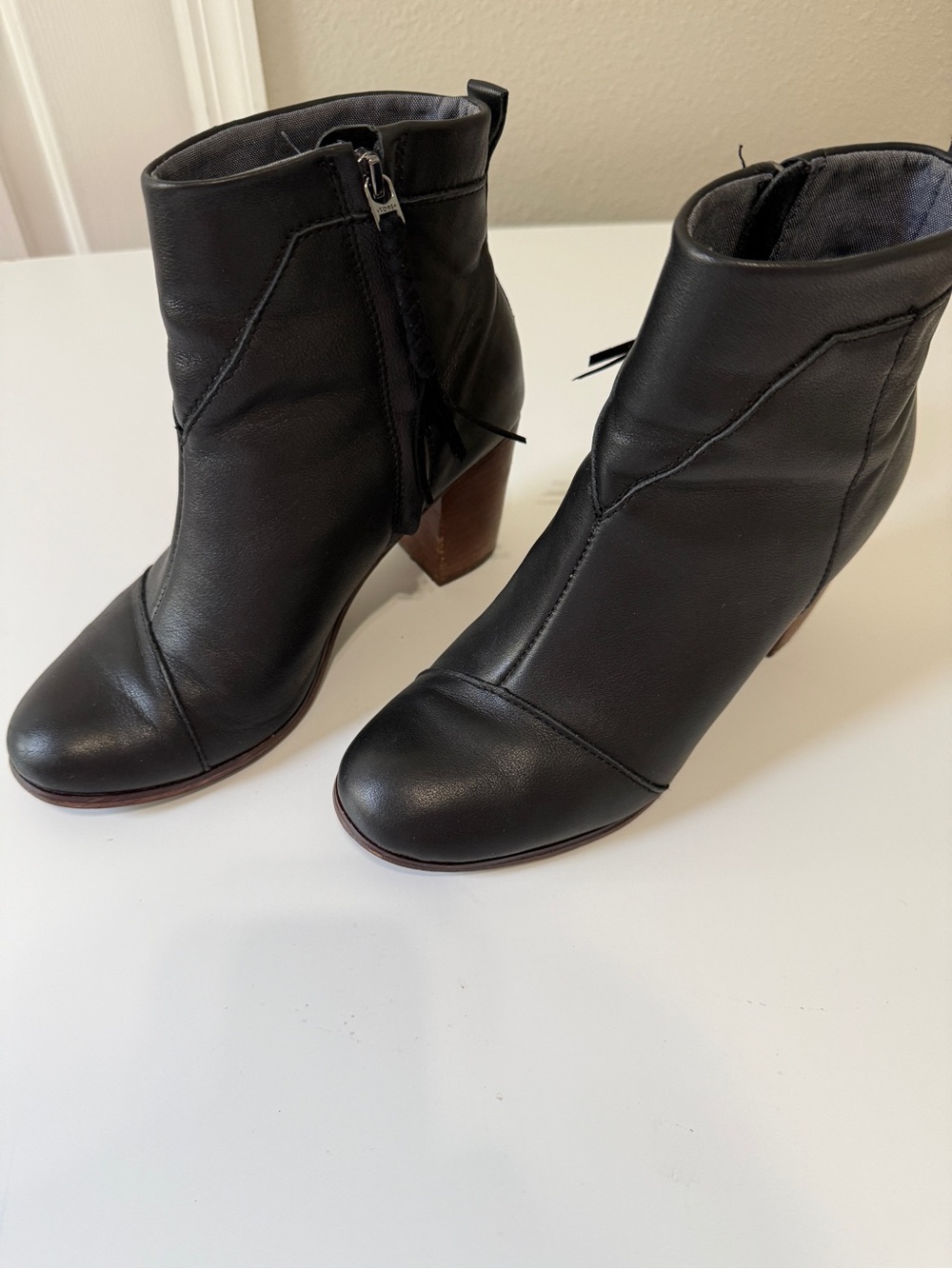 Toms Black Leather Ankle Booties with Brown Block Heel